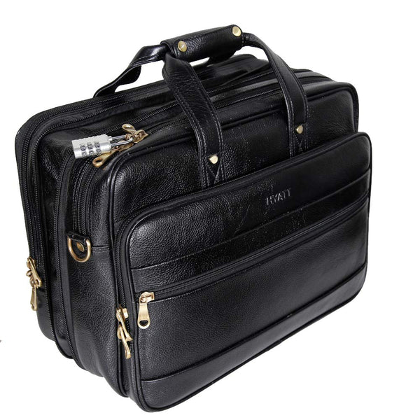 HYATT Leather Accessories Black Leather Laptop Messenger Bags for Men Office 15.6 Inch